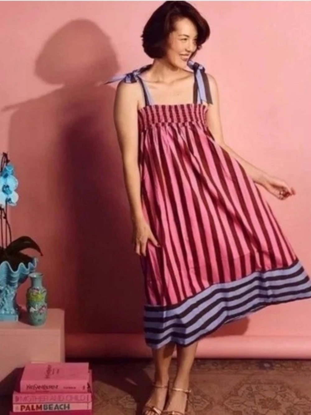 Buru Women's Pink Brown and Blue Striped Sleeveless Tie Shoulder Midi Dress XS/S